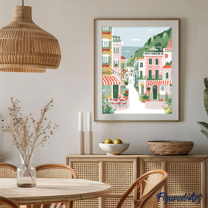 Malen nach Zahlen 40x50cm auf Keilrahmen gespannt Figured’Art Pastellfarbene Küstenstadt