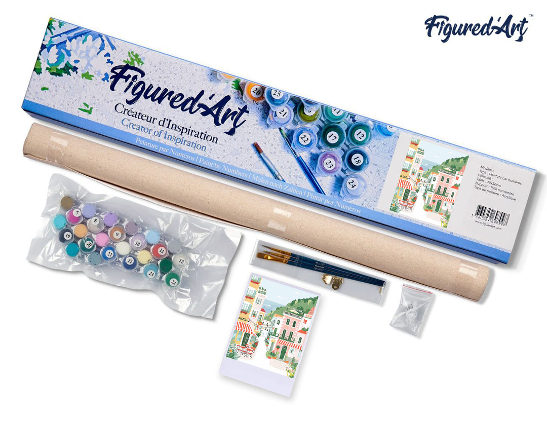 Malen nach Zahlen 40x50cm ohne Keilrahmen Figured’Art Pastellfarbene Küstenstadt