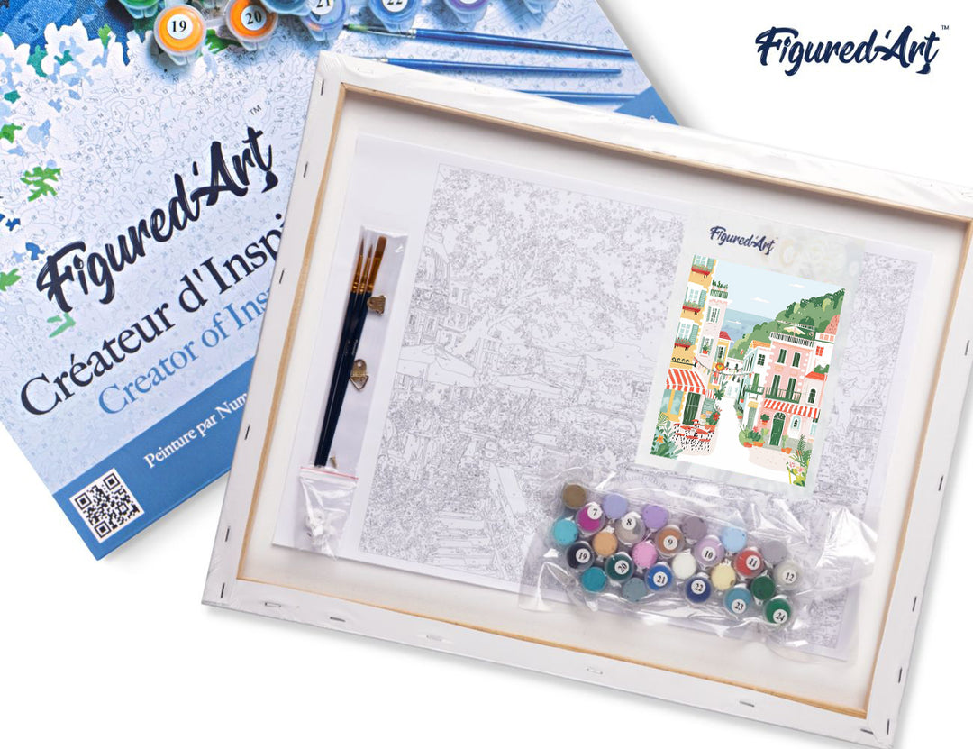 Malen nach Zahlen 40x50cm auf Keilrahmen gespannt Figured’Art Pastellfarbene Küstenstadt