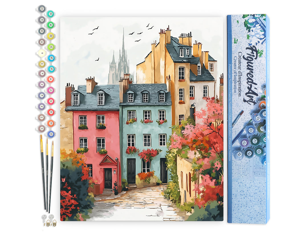 Malen nach Zahlen 40x50cm ohne Keilrahmen Figured’Art Farbenfrohe Altstadt - Kidis Art