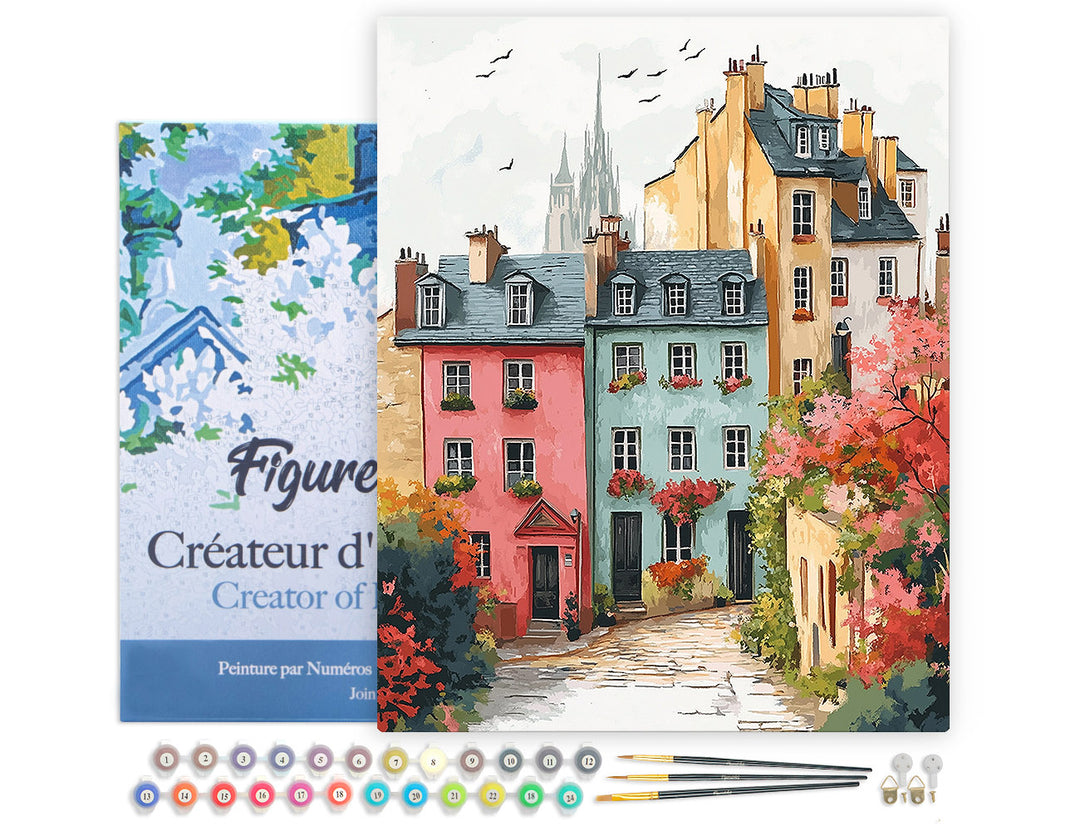 Malen nach Zahlen 40x50cm auf Keilrahmen gespannt Figured’Art Farbenfrohe Altstadt