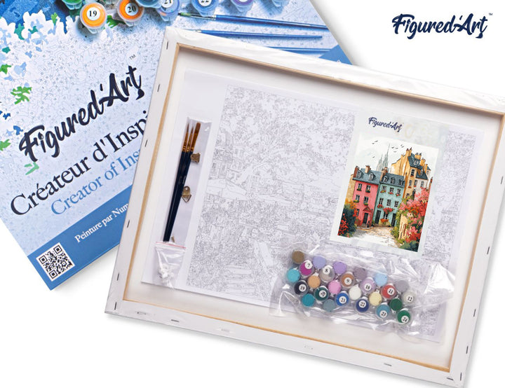 Malen nach Zahlen 40x50cm auf Keilrahmen gespannt Figured’Art Farbenfrohe Altstadt