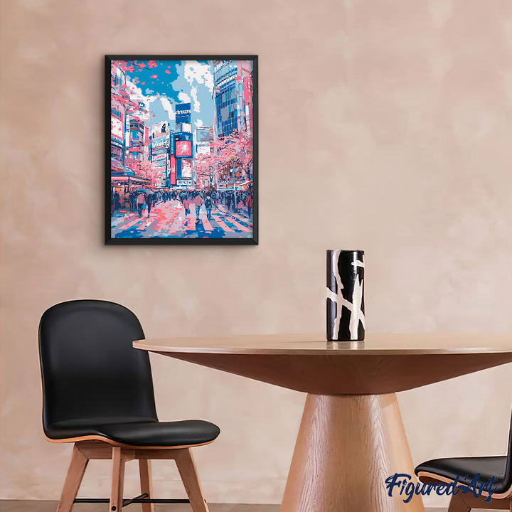 Malen nach Zahlen 40x50cm auf Keilrahmen gespannt Figured’Art Kirschblüten in Shibuya