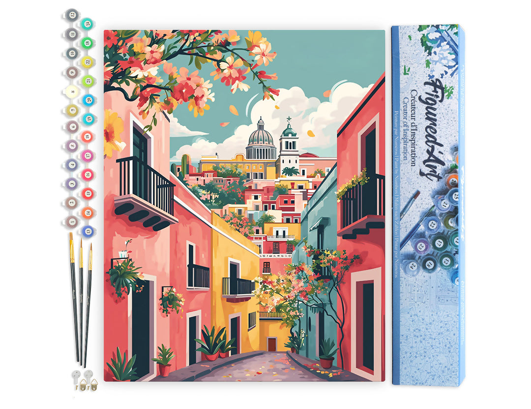 Malen nach Zahlen 40x50cm ohne Keilrahmen Figured’Art Farbenfrohe mediterrane Gasse - Kidis Art