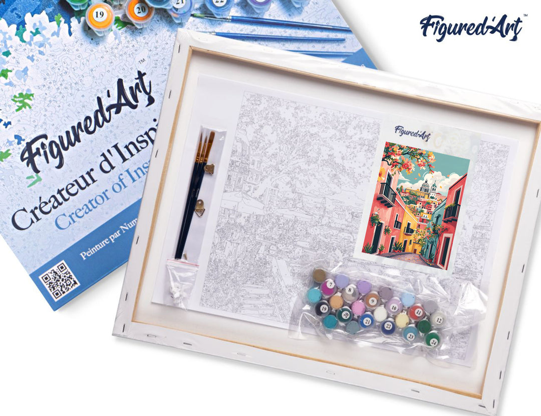 Malen nach Zahlen 40x50cm auf Keilrahmen gespannt Figured’Art Farbenfrohe mediterrane Gasse