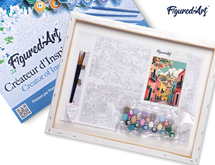 Malen nach Zahlen 40x50cm auf Keilrahmen gespannt Figured’Art Farbenfrohe mediterrane Gasse