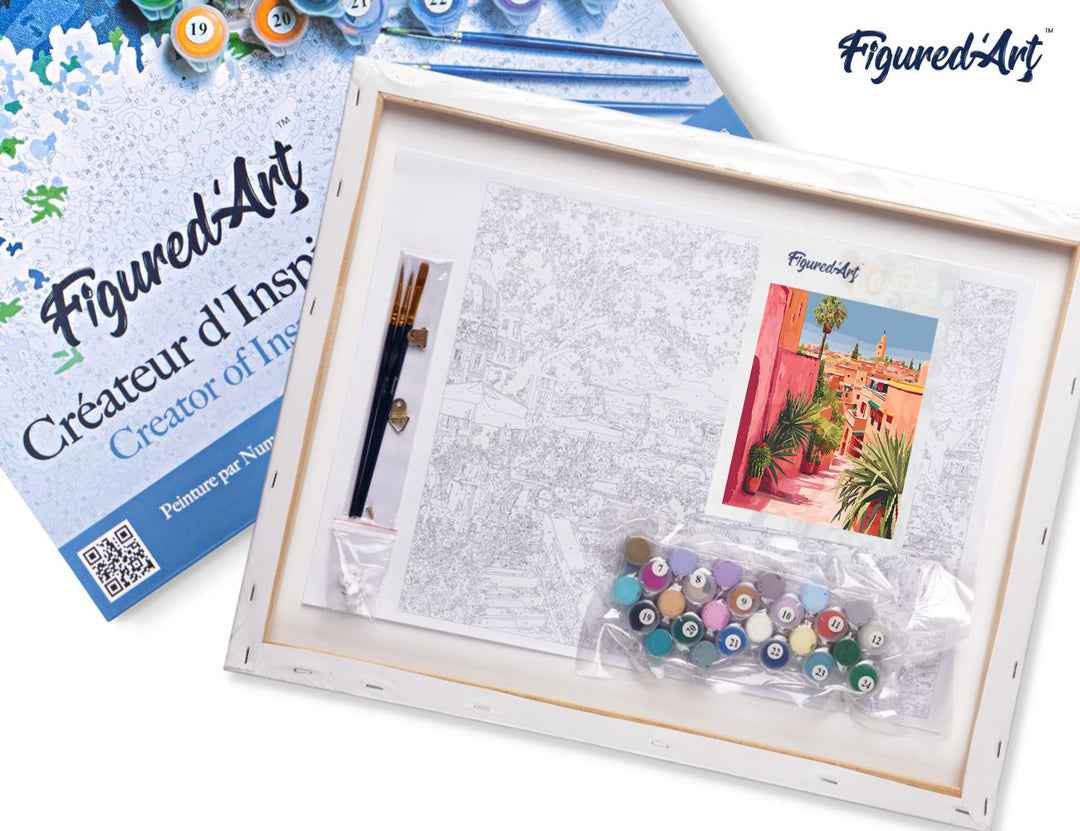 Malen nach Zahlen 40x50cm auf Keilrahmen gespannt Figured’Art Blick auf eine marokkanische Stadt