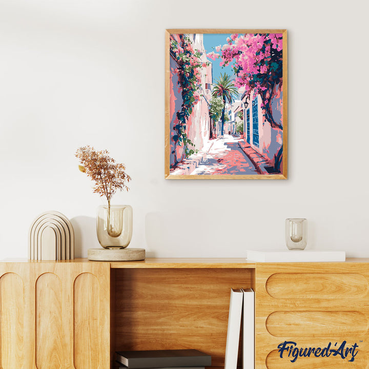 Malen nach Zahlen 40x50cm auf Keilrahmen gespannt Figured’Art Blumengeschmückte Gasse