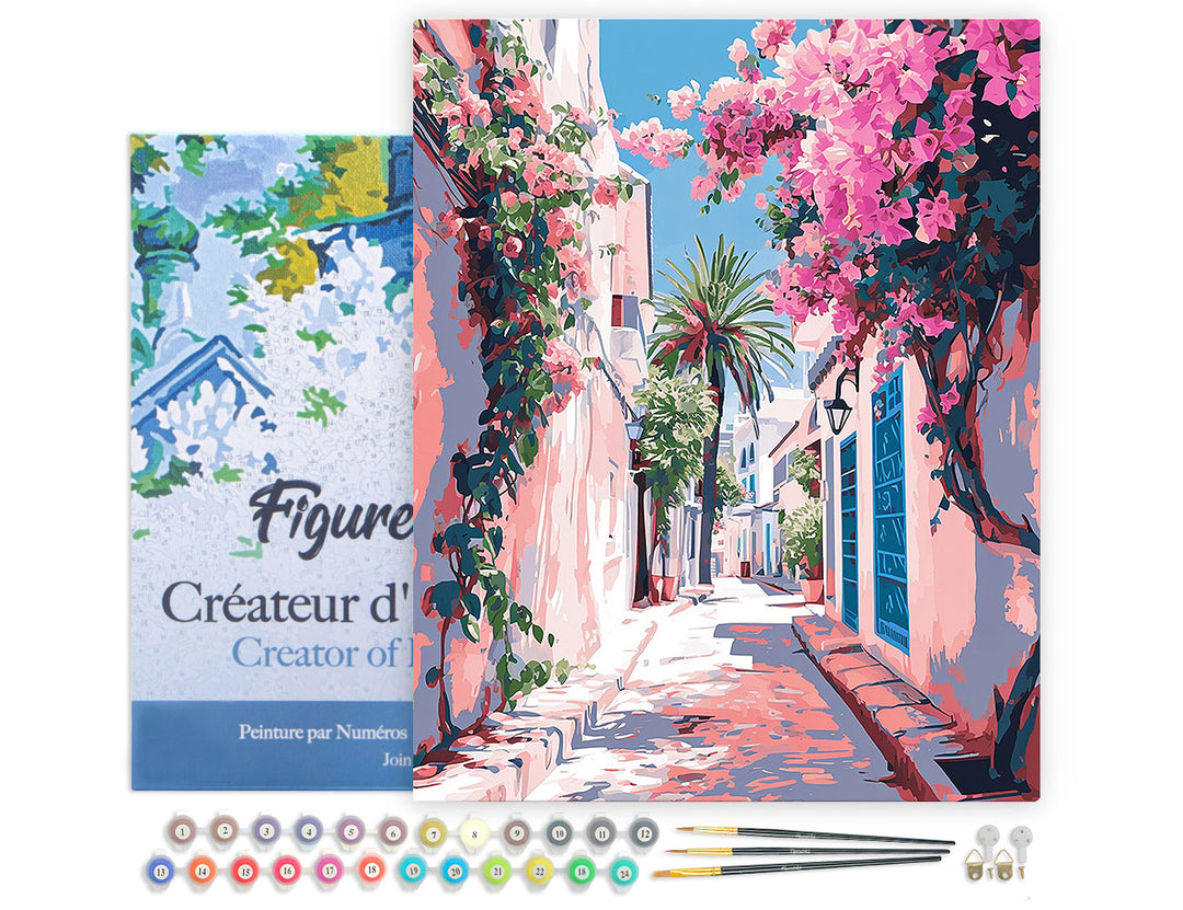 Malen nach Zahlen 40x50cm auf Keilrahmen gespannt Figured’Art Blumengeschmückte Gasse