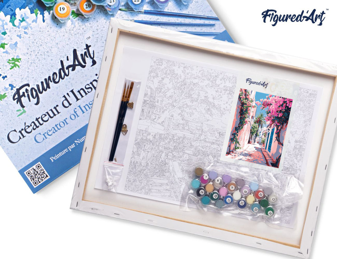 Malen nach Zahlen 40x50cm auf Keilrahmen gespannt Figured’Art Blumengeschmückte Gasse