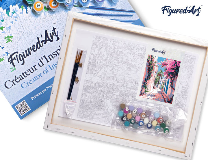 Malen nach Zahlen 40x50cm auf Keilrahmen gespannt Figured’Art Blumengeschmückte Gasse