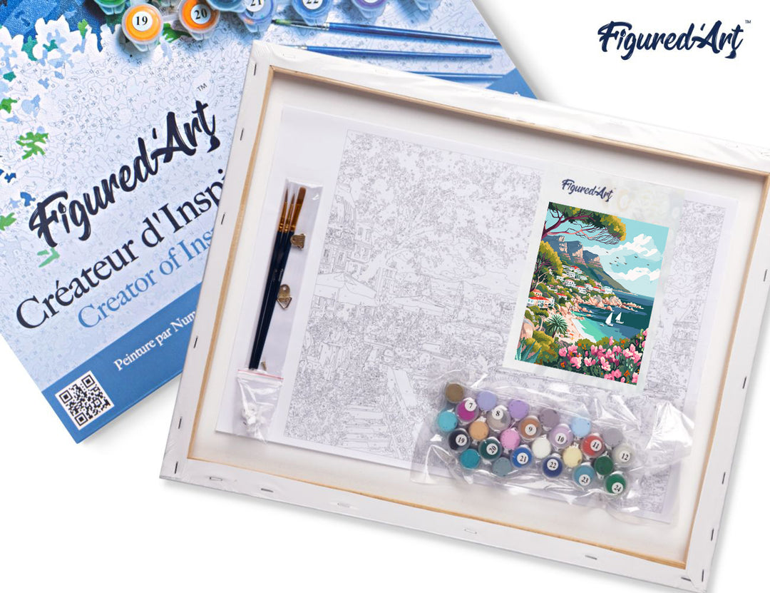 Malen nach Zahlen 40x50cm auf Keilrahmen gespannt Figured’Art Küstenstadt im Frühling