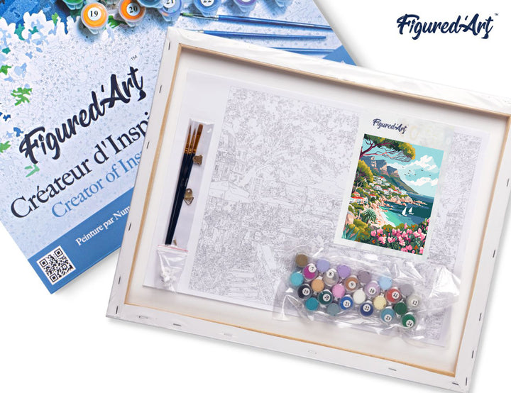 Malen nach Zahlen 40x50cm auf Keilrahmen gespannt Figured’Art Küstenstadt im Frühling