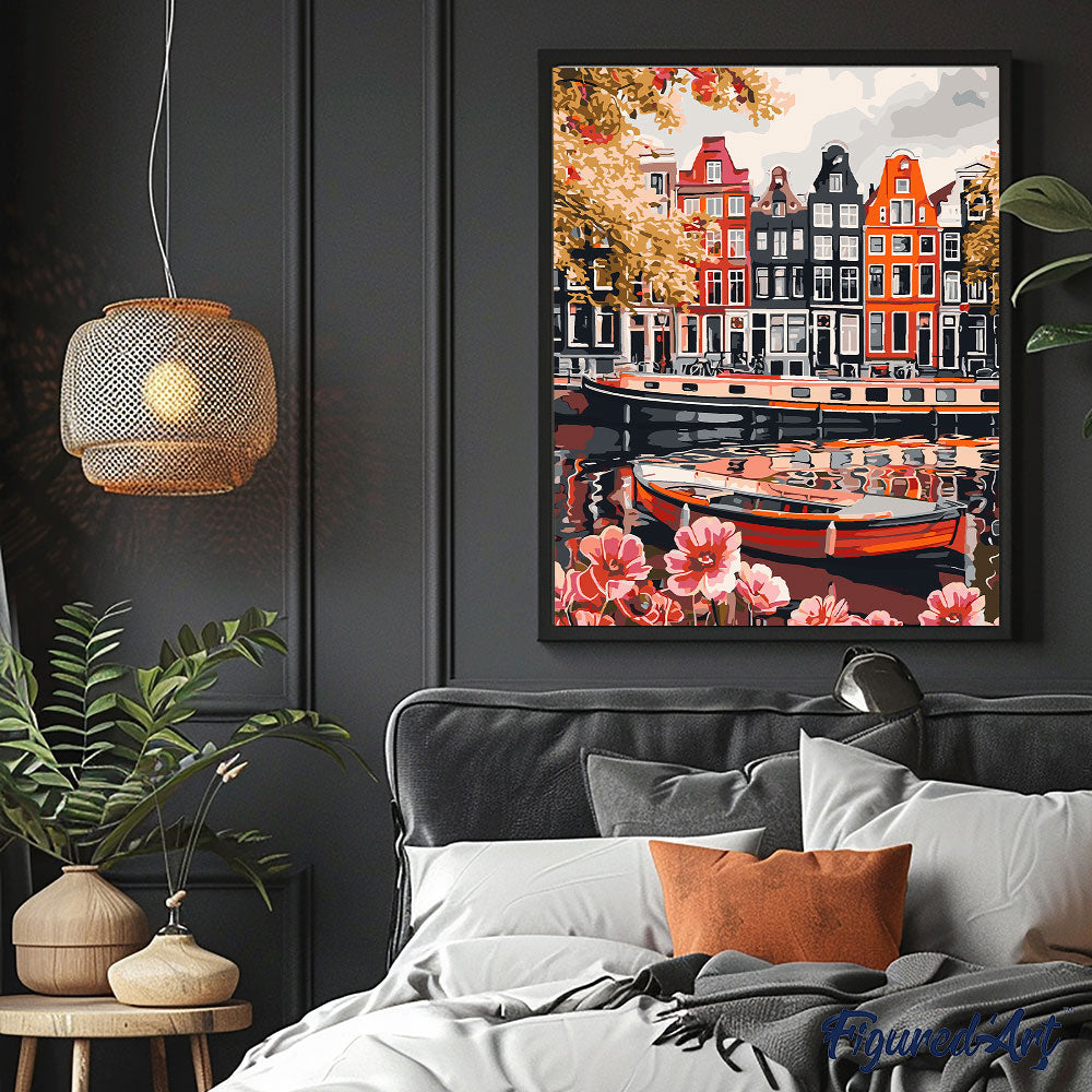 Malen nach Zahlen 40x50cm auf Keilrahmen gespannt Figured’Art Blick auf den Kanal in Amsterdam