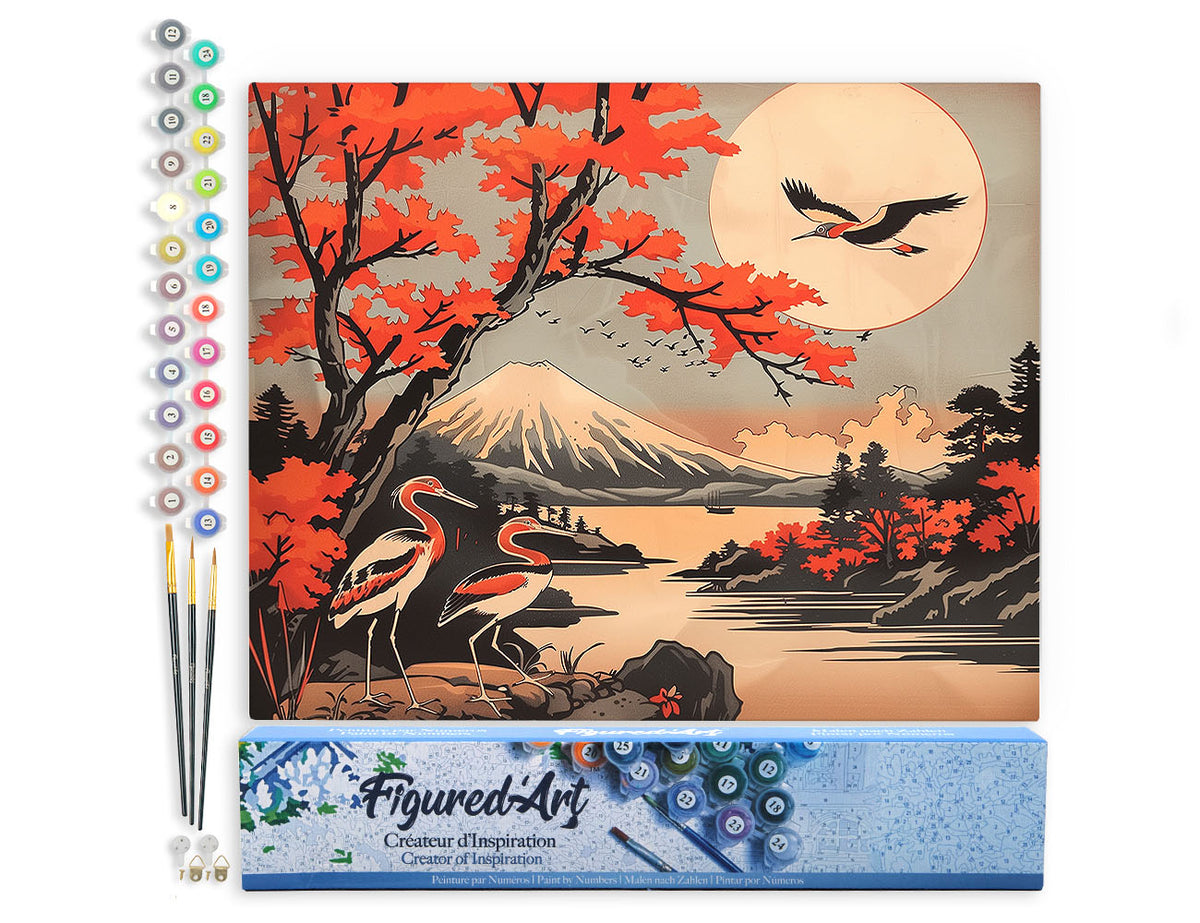Malen nach Zahlen 40x50cm ohne Keilrahmen Figured’Art Kräne und Blick auf den Berg Fuji - Kidis Art