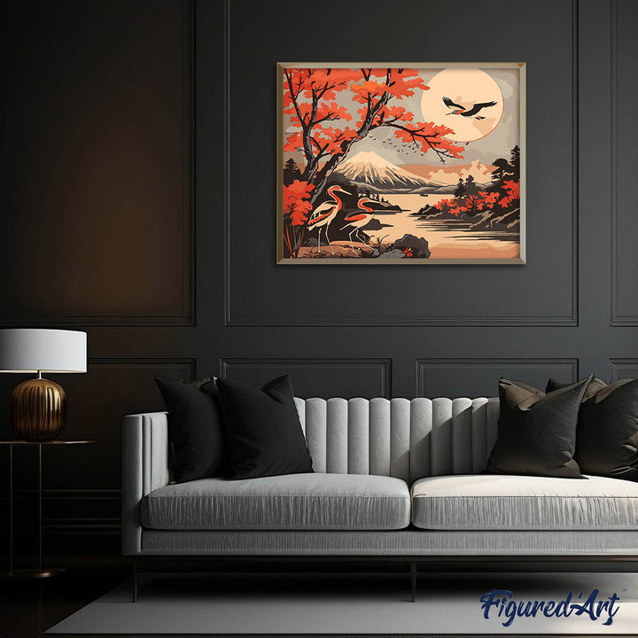 Malen nach Zahlen 40x50cm auf Keilrahmen gespannt Figured’Art Kräne und Blick auf den Fuji