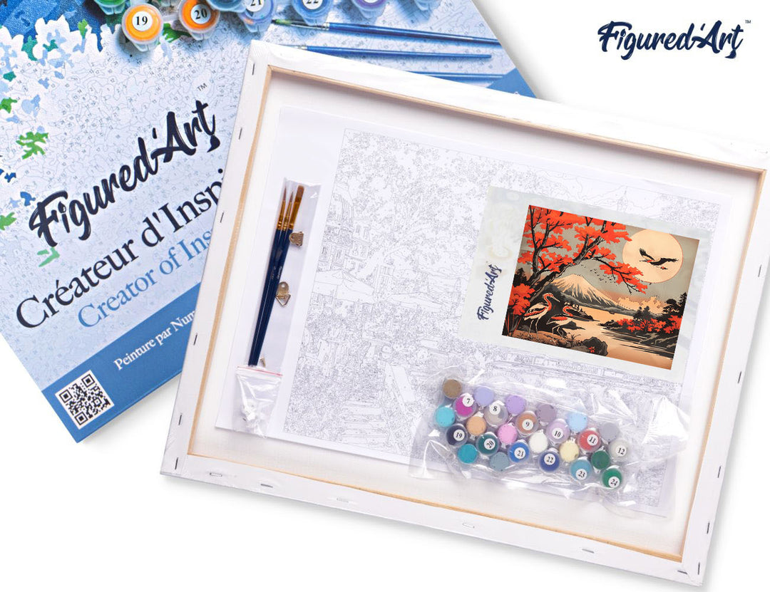 Malen nach Zahlen 40x50cm auf Keilrahmen gespannt Figured’Art Kräne und Blick auf den Fuji