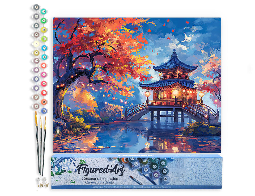 Malen nach Zahlen 40x50cm ohne Keilrahmen Figured’Art Pagode in einer Herbstnacht
