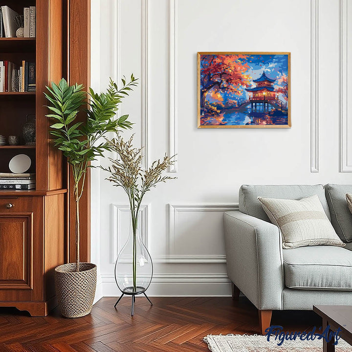 Malen nach Zahlen 40x50cm ohne Keilrahmen Figured’Art Pagode in einer Herbstnacht