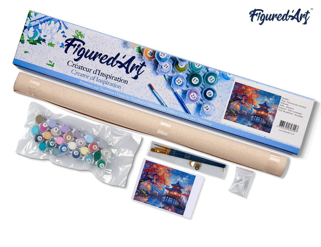 Malen nach Zahlen 40x50cm ohne Keilrahmen Figured’Art Pagode in einer Herbstnacht