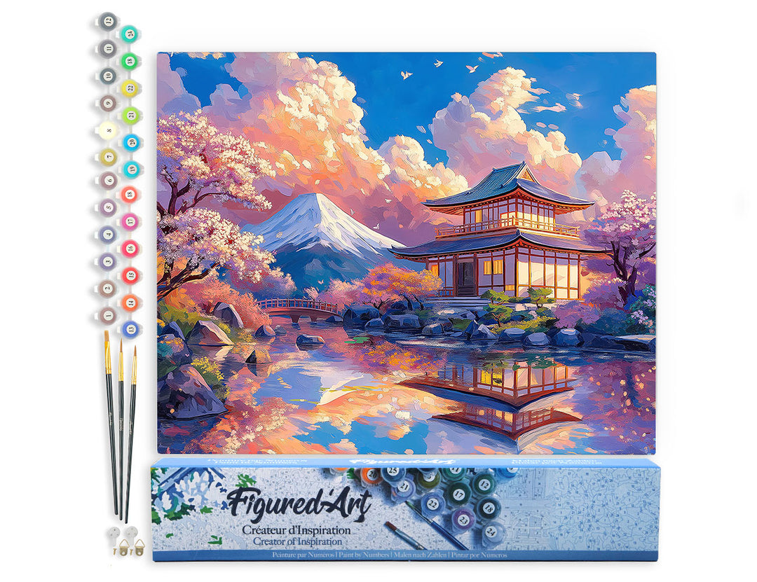 Malen nach Zahlen 40x50cm ohne Keilrahmen Figured’Art Blick auf den Tempel mit dem Berg Fuji - Kidis Art
