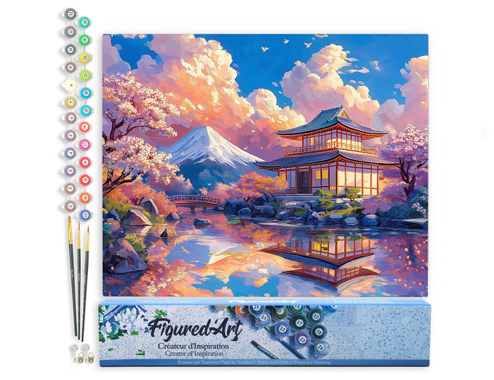 Malen nach Zahlen 40x50cm ohne Keilrahmen Figured’Art Blick auf den Tempel mit dem Berg Fuji - Kidis Art