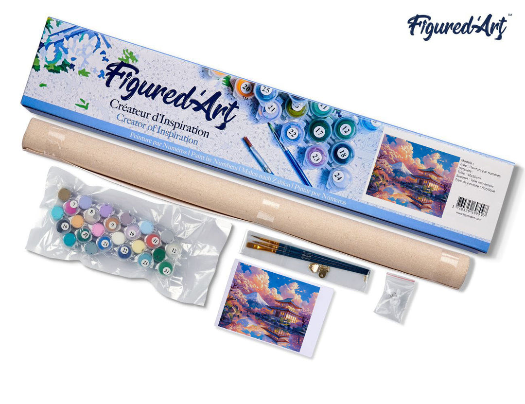 Malen nach Zahlen 40x50cm ohne Keilrahmen Figured’Art Blick auf den Tempel mit dem Berg Fuji - Kidis Art