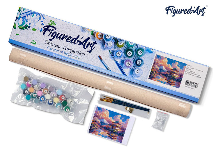 Malen nach Zahlen 40x50cm ohne Keilrahmen Figured’Art Blick auf den Tempel mit dem Berg Fuji - Kidis Art