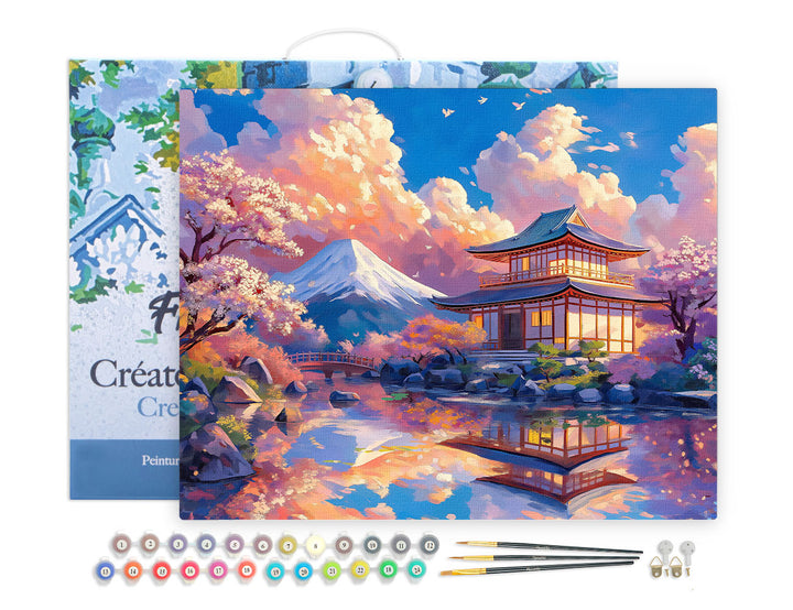 Malen nach Zahlen 40x50cm auf Keilrahmen gespannt Figured’Art Blick auf den Tempel mit dem Fuji