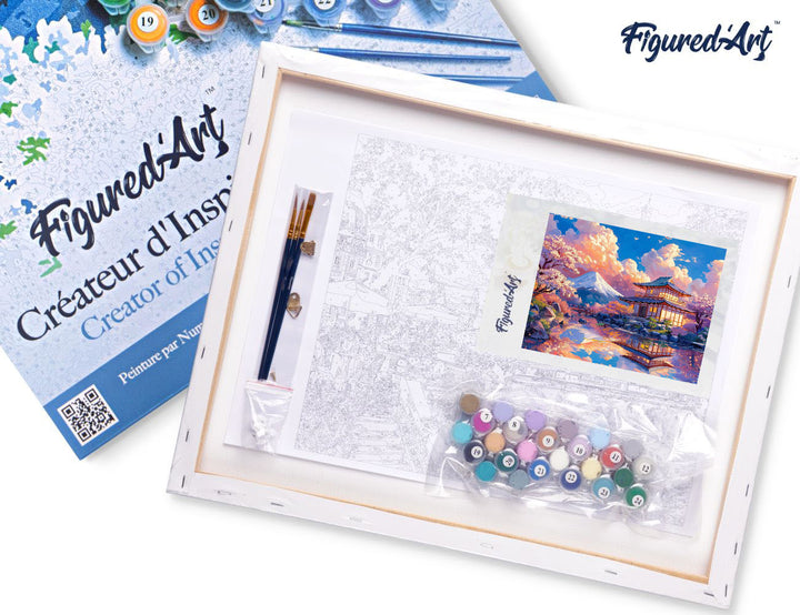 Malen nach Zahlen 40x50cm auf Keilrahmen gespannt Figured’Art Blick auf den Tempel mit dem Fuji