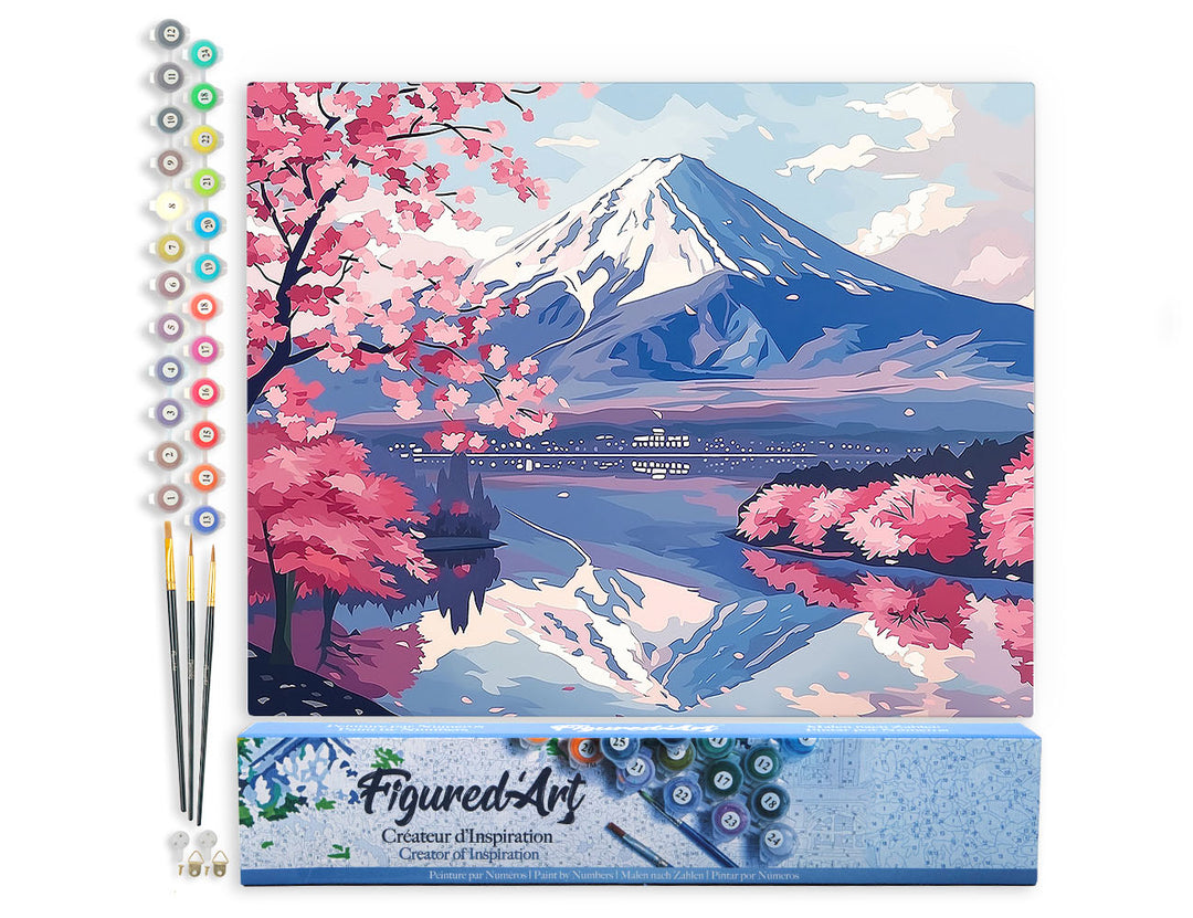 Malen nach Zahlen 40x50cm ohne Keilrahmen Figured’Art Berg Fuji und See mit Kirschblüten - Kidis Art