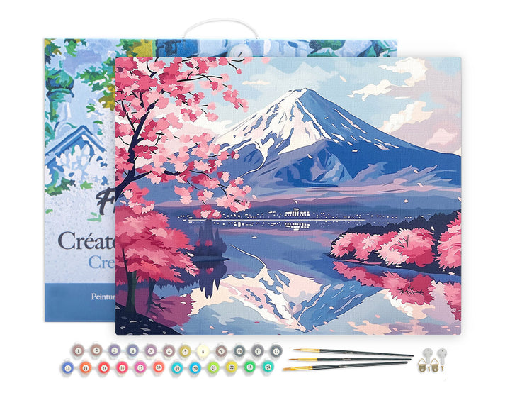 Malen nach Zahlen 40x50cm auf Keilrahmen gespannt Figured’Art Fuji und See mit Kirschblüten
