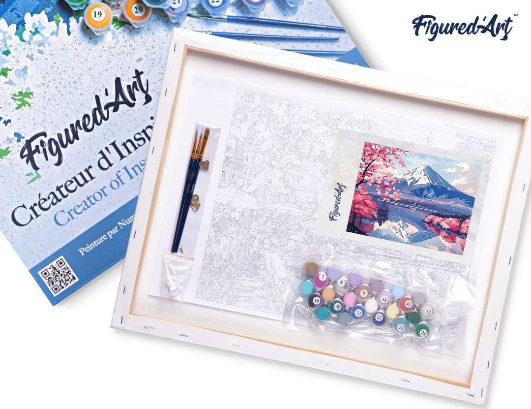 Malen nach Zahlen 40x50cm auf Keilrahmen gespannt Figured’Art Fuji und See mit Kirschblüten