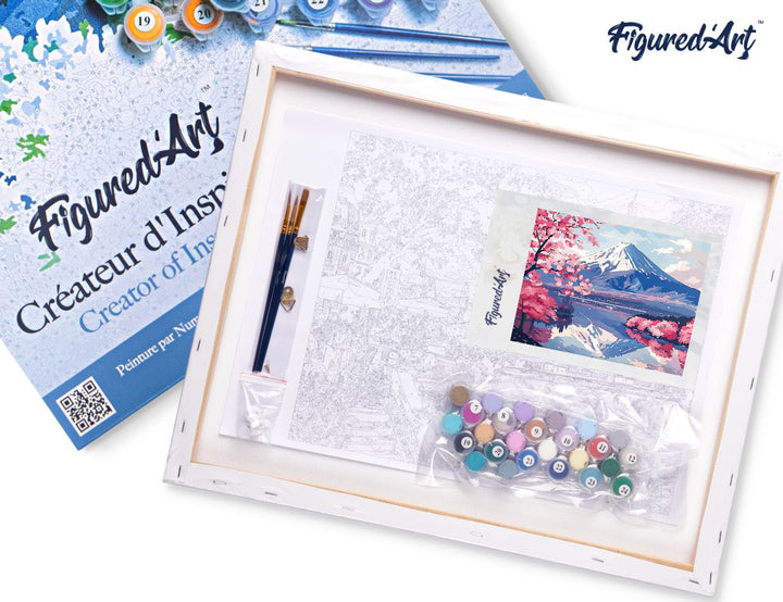 Malen nach Zahlen 40x50cm auf Keilrahmen gespannt Figured’Art Fuji und See mit Kirschblüten