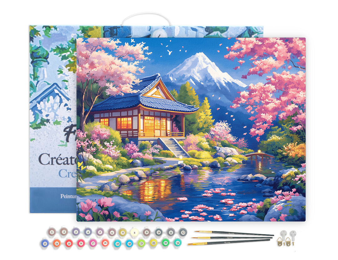 Malen nach Zahlen 40x50cm auf Keilrahmen gespannt Figured’Art Haus und Kirschblüten am Teich
