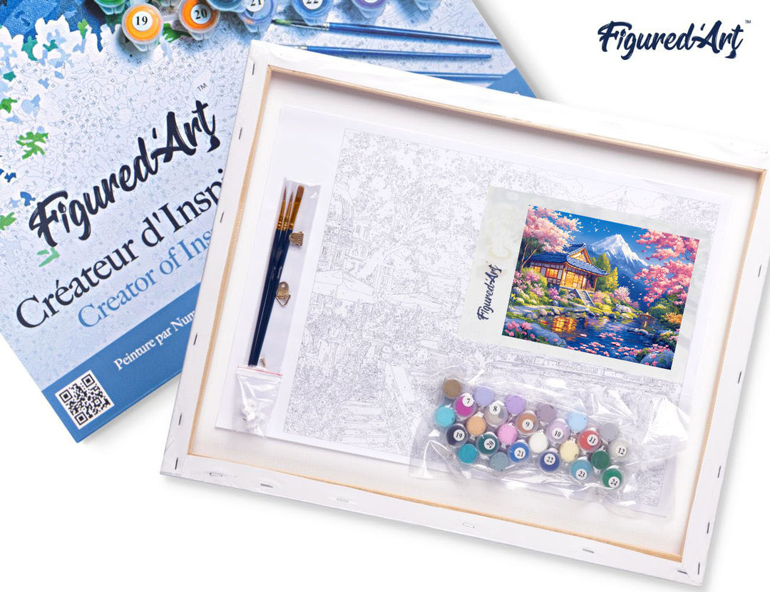 Malen nach Zahlen 40x50cm auf Keilrahmen gespannt Figured’Art Haus und Kirschblüten am Teich