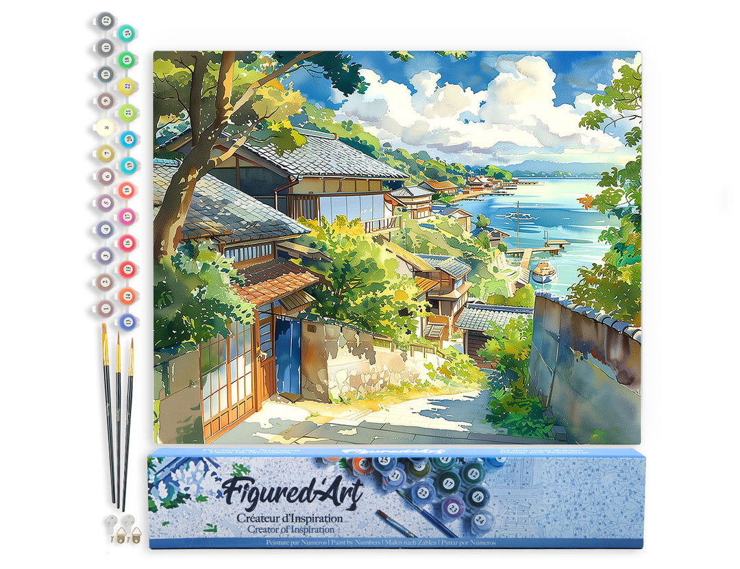 Malen nach Zahlen 40x50cm ohne Keilrahmen Figured’Art Küstenort in Japan