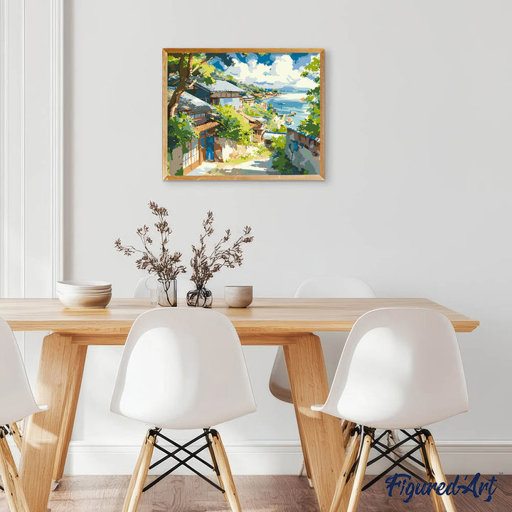 Malen nach Zahlen 40x50cm auf Keilrahmen gespannt Figured’Art Küstenort in Japan