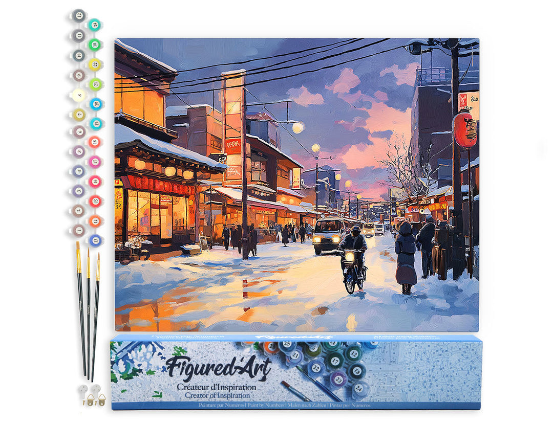 Malen nach Zahlen 40x50cm ohne Keilrahmen Figured’Art Retro-Straße im Winter in Japan