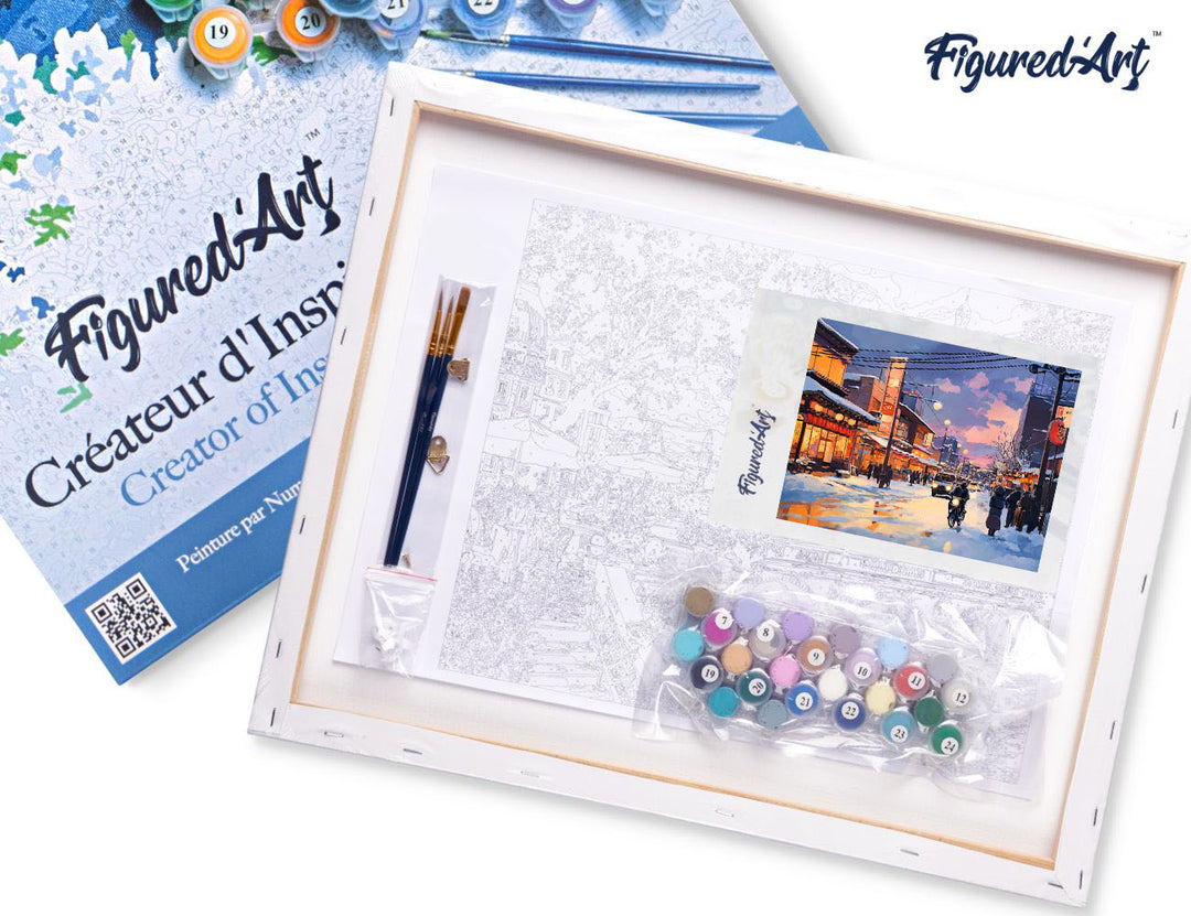 Malen nach Zahlen 40x50cm auf Keilrahmen gespannt Figured’Art Retro-Straße im Winter in Japan