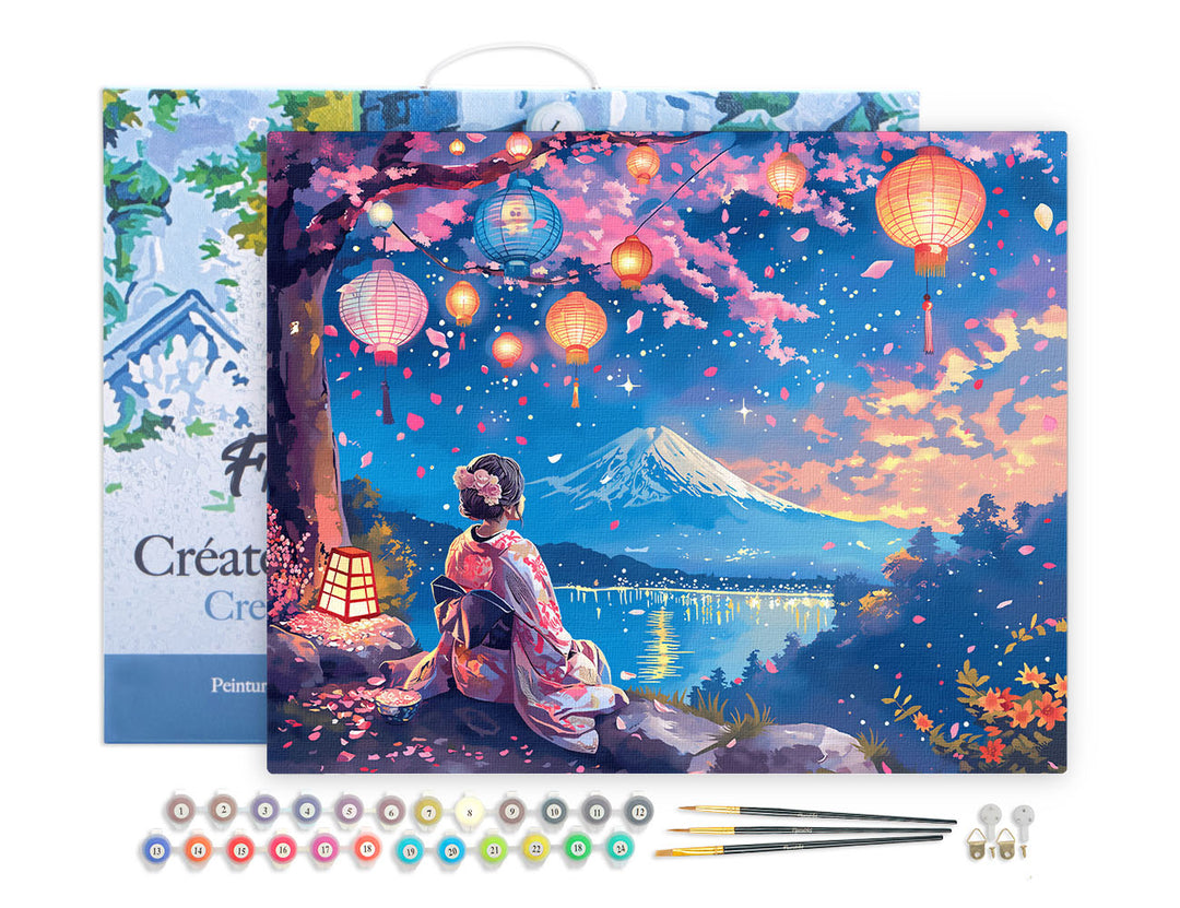 Malen nach Zahlen 40x50cm auf Keilrahmen gespannt Figured’Art Geisha, Laternen und Fuji
