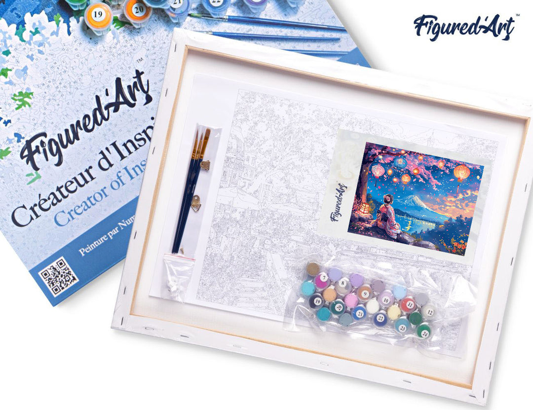 Malen nach Zahlen 40x50cm auf Keilrahmen gespannt Figured’Art Geisha, Laternen und Fuji