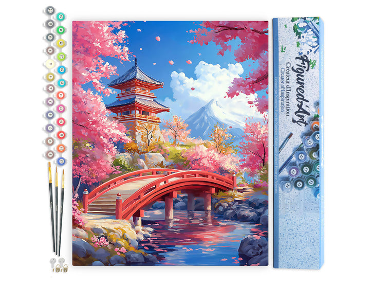 Malen nach Zahlen 40x50cm ohne Keilrahmen Figured’Art Rote Brücke und Kirschblüten