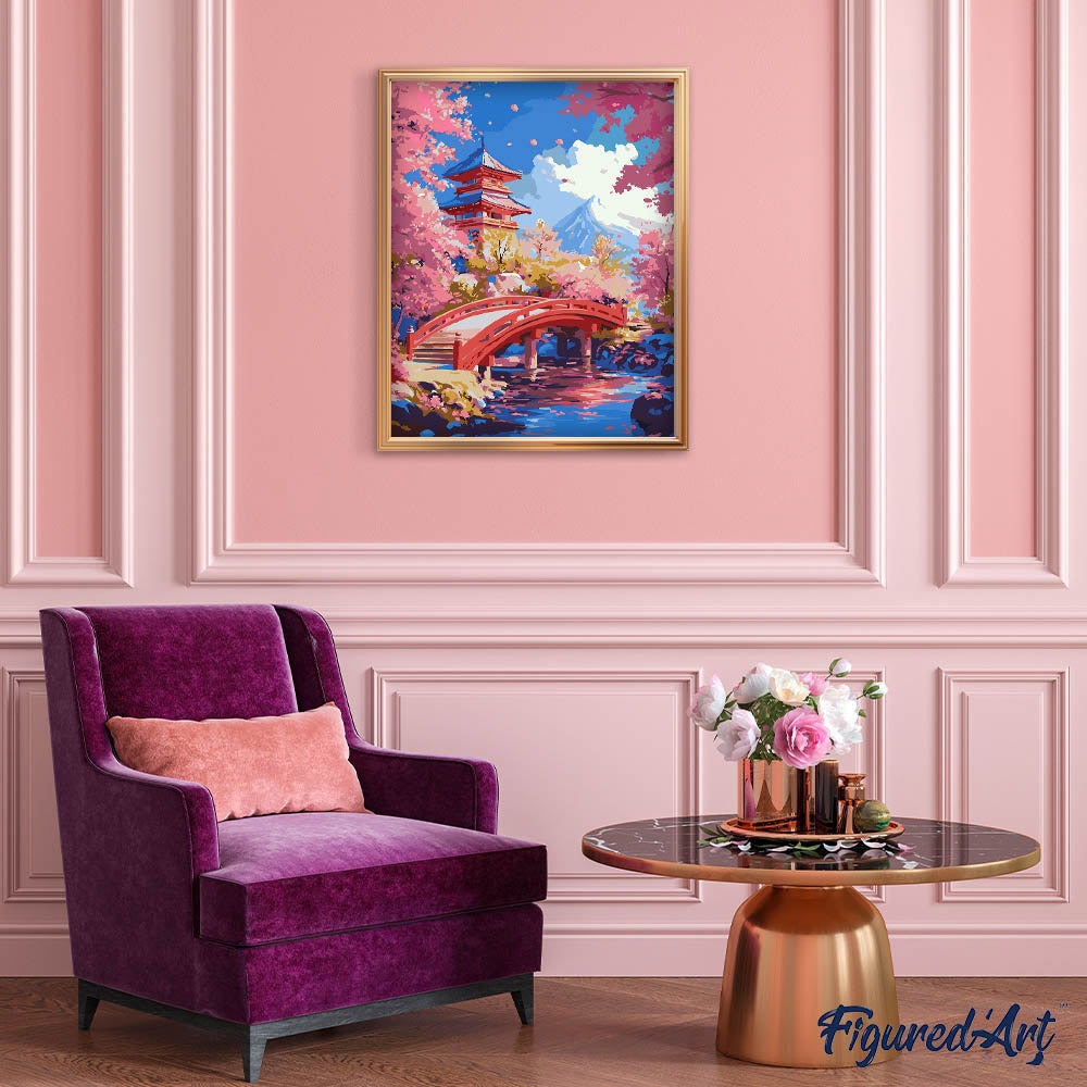 Malen nach Zahlen 40x50cm auf Keilrahmen gespannt Figured’Art Rote Brücke und Kirschblüten