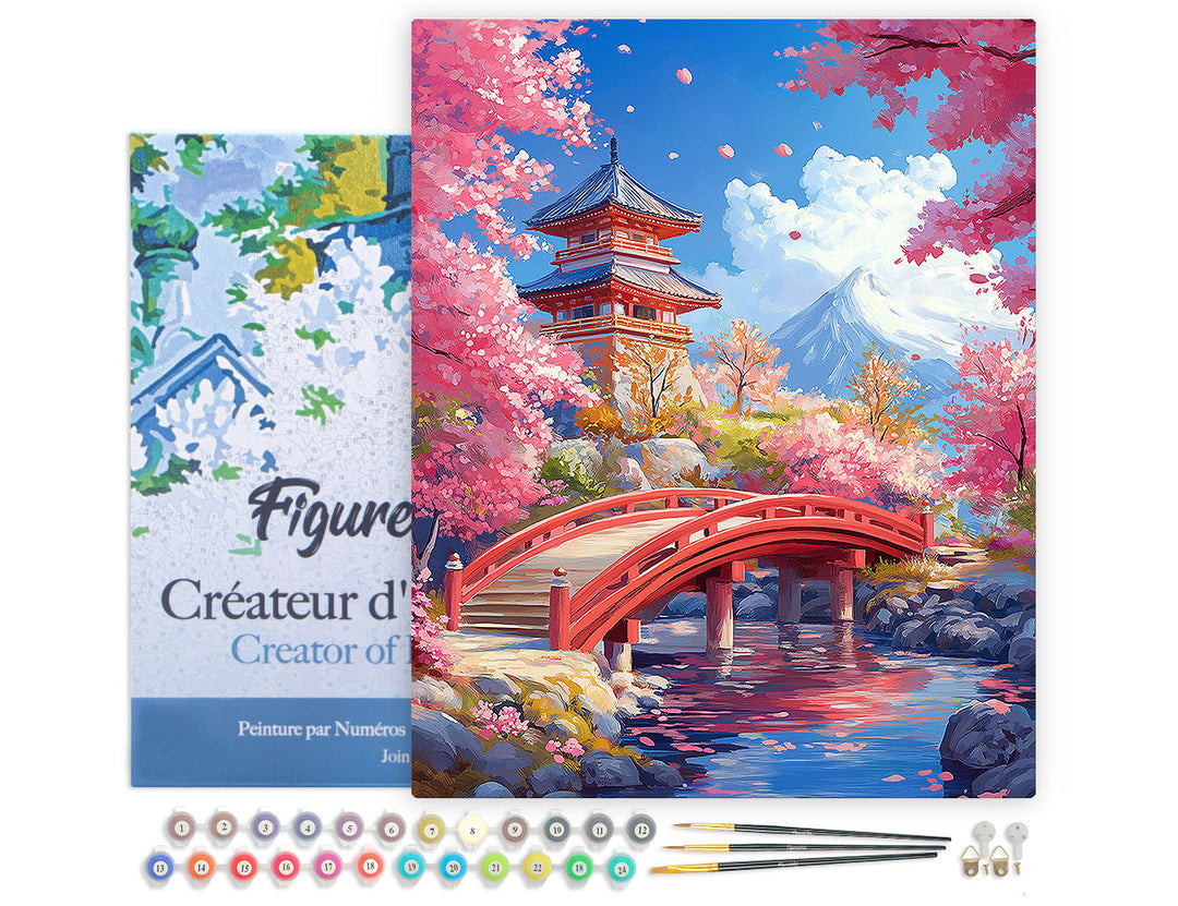 Malen nach Zahlen 40x50cm auf Keilrahmen gespannt Figured’Art Rote Brücke und Kirschblüten