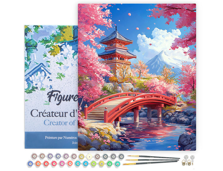 Malen nach Zahlen 40x50cm auf Keilrahmen gespannt Figured’Art Rote Brücke und Kirschblüten