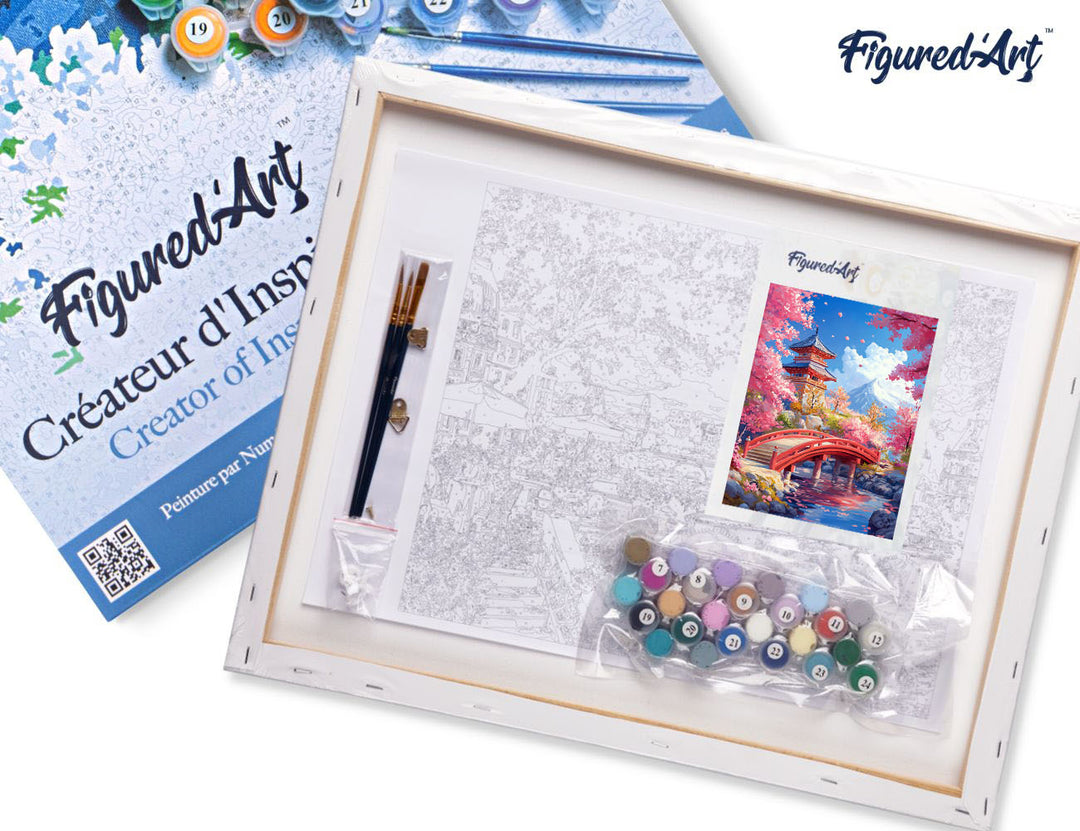 Malen nach Zahlen 40x50cm auf Keilrahmen gespannt Figured’Art Rote Brücke und Kirschblüten