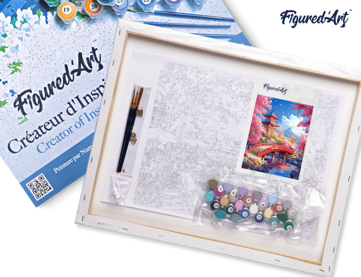 Malen nach Zahlen 40x50cm auf Keilrahmen gespannt Figured’Art Rote Brücke und Kirschblüten