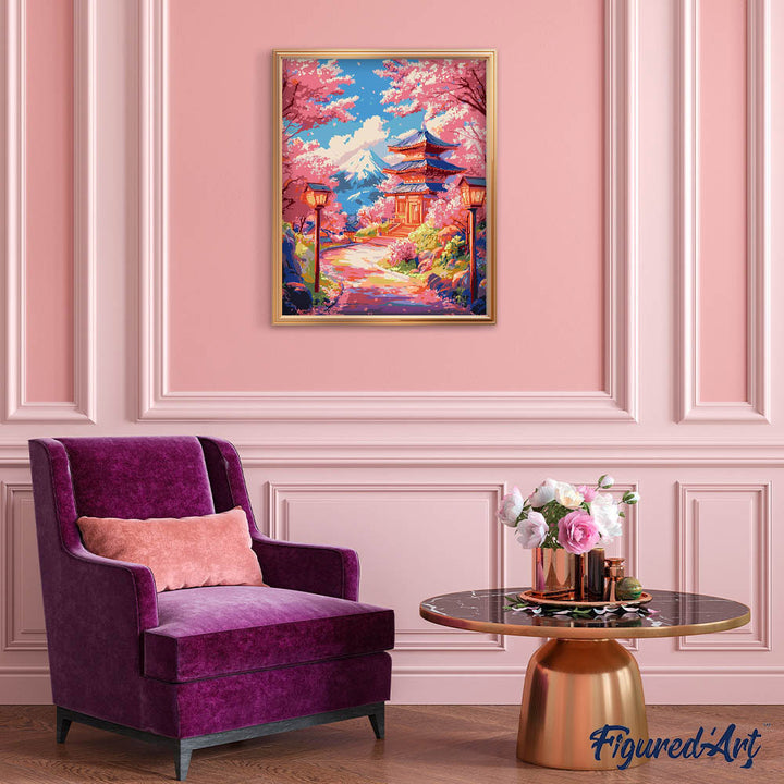 Malen nach Zahlen 40x50cm auf Keilrahmen gespannt Figured’Art Kirschblütenstraße zur Pagode