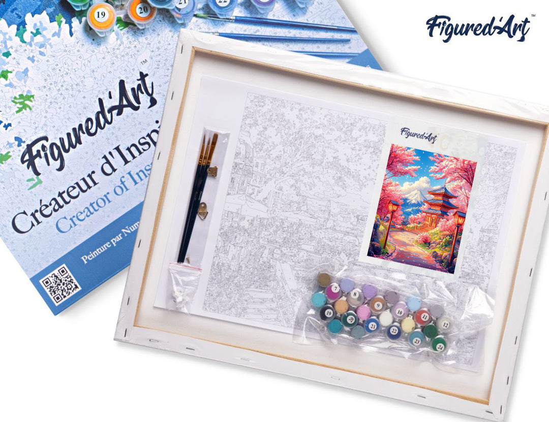 Malen nach Zahlen 40x50cm auf Keilrahmen gespannt Figured’Art Kirschblütenstraße zur Pagode